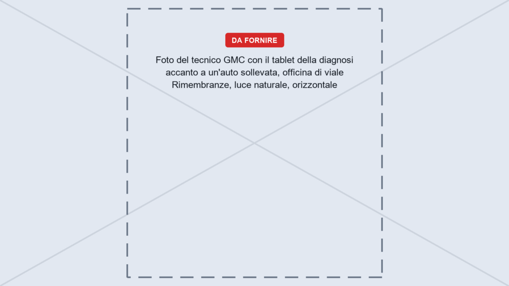 Tecnico GMC con il tablet della diagnosi accanto a un'auto sollevata nell'officina di Bra